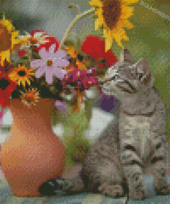 Grey Cat Smelling Flowers Diamond Paintings