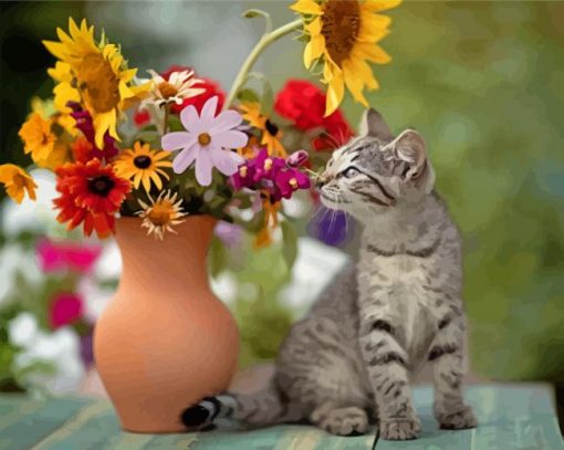 Grey Cat Smelling Flowers Diamond Paintings