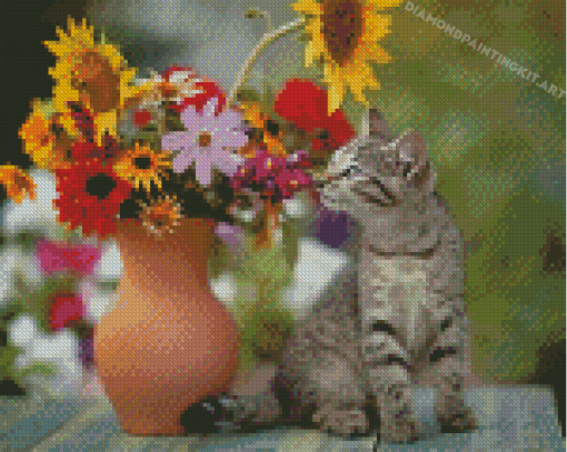 Grey Cat Smelling Flowers Diamond Paintings