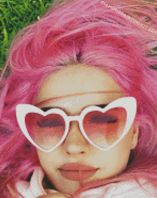 Pink Hair Girl With Heart Glasses Diamond Paintings