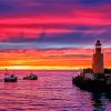 Pink Sunset With Boats And Lighthouse Diamond Paintings