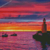 Pink Sunset With Boats And Lighthouse Diamond Paintings