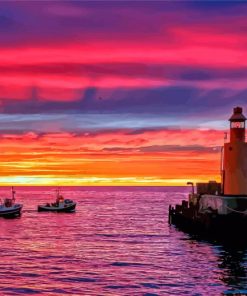 Pink Sunset With Boats And Lighthouse Diamond Paintings