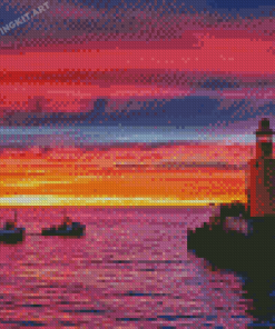 Pink Sunset With Boats And Lighthouse Diamond Paintings