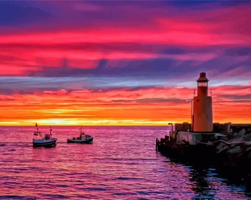 Pink Sunset With Boats And Lighthouse Diamond Paintings