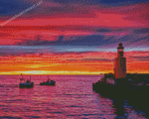 Pink Sunset With Boats And Lighthouse Diamond Paintings