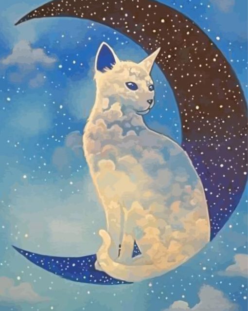 Fantasy White Cat On Moon Diamond Paintings