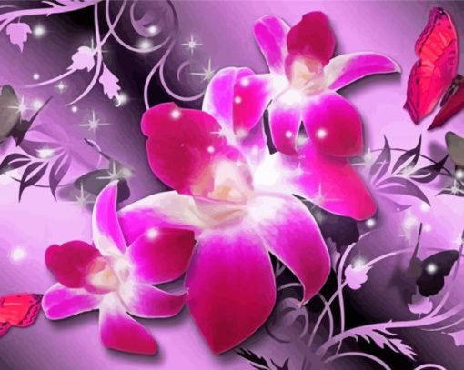 Pink Orchid And Pink Butterflies Diamond Paintings