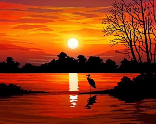 Sunset By The Lake Illustration Diamond Paintings