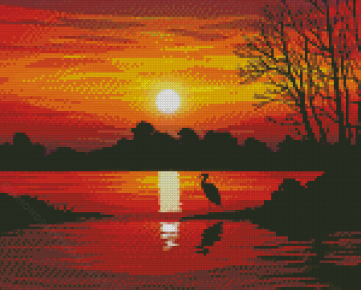 Sunset By The Lake Illustration Diamond Paintings