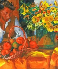 Woman With Fruits And Flowers Diamond Paintings