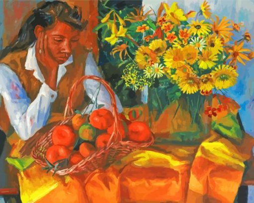 Woman With Fruits And Flowers Diamond Paintings