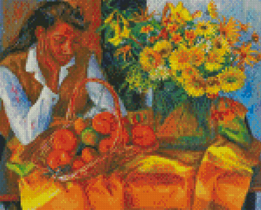 Woman With Fruits And Flowers Diamond Paintings