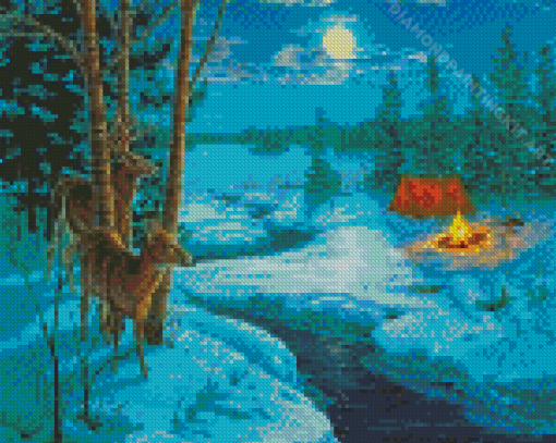 Moonlight Camping In Snow Diamond Paintings