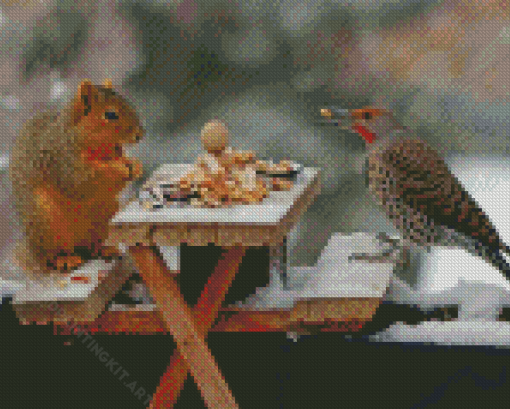 Squirrel And Bird Eating Diamond Paintings