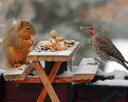 Squirrel And Bird Eating Diamond Paintings