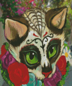 Sugar Skull Cat And Flowers Diamond Paintings