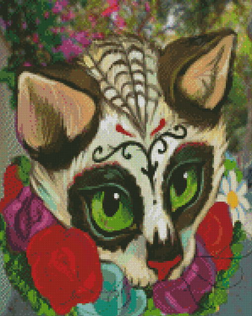 Sugar Skull Cat And Flowers Diamond Paintings