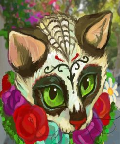 Sugar Skull Cat And Flowers Diamond Paintings