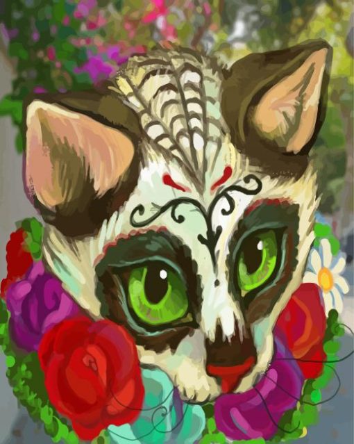 Sugar Skull Cat And Flowers Diamond Paintings