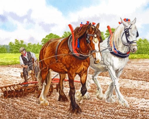 White Brown Clydesdales In Farm Diamond Paintings