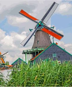 Windmills In Volendam Town Diamond Paintings