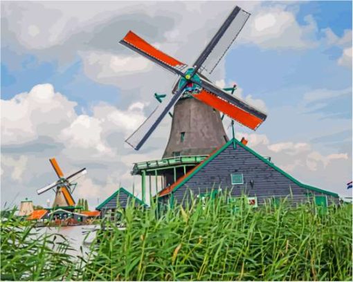 Windmills In Volendam Town Diamond Paintings