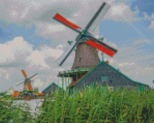 Windmills In Volendam Town Diamond Paintings