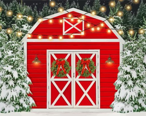 Christmas Red Barn In Winter Diamond Paintings