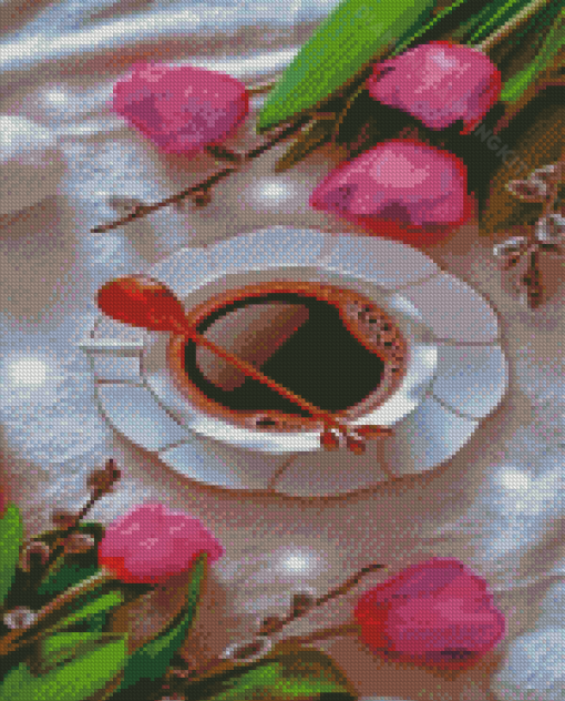 Cup Of Coffee And Flowers Diamond Paintings