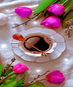 Cup Of Coffee And Flowers Diamond Paintings