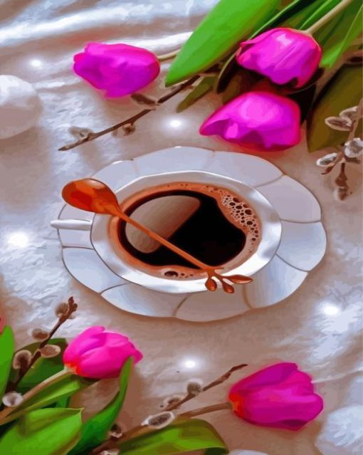 Cup Of Coffee And Flowers Diamond Paintings