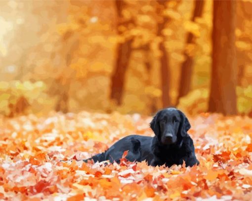 Flat Coated Retriever Fall Leaves Diamond Paintings