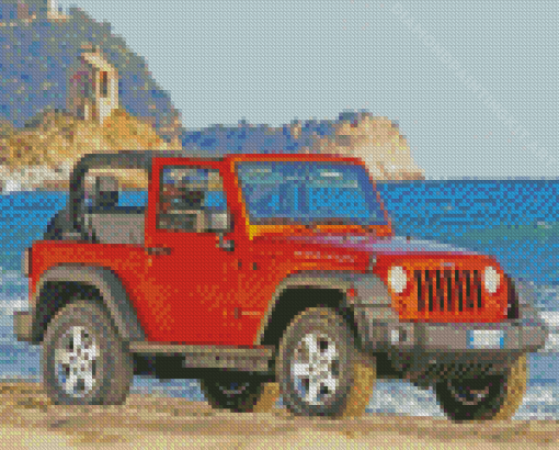 Orange Jeep By Sea Diamond Paintings