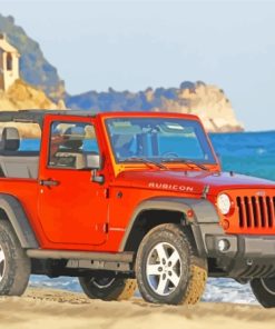 Orange Jeep By Sea Diamond Paintings