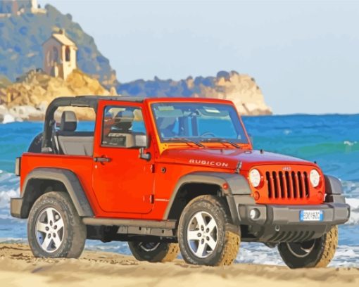 Orange Jeep By Sea Diamond Paintings