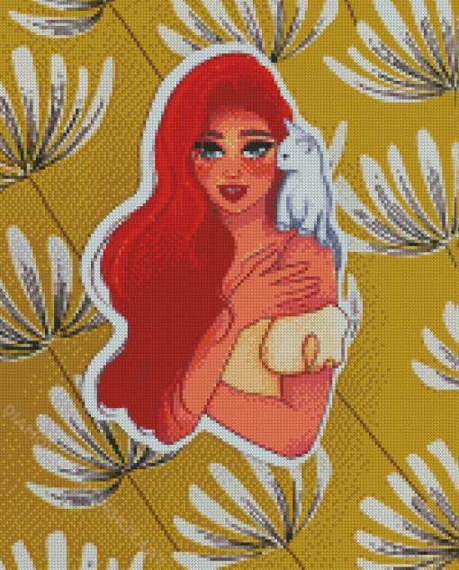 Woman And Her Kitten Illustration Diamond Paintings