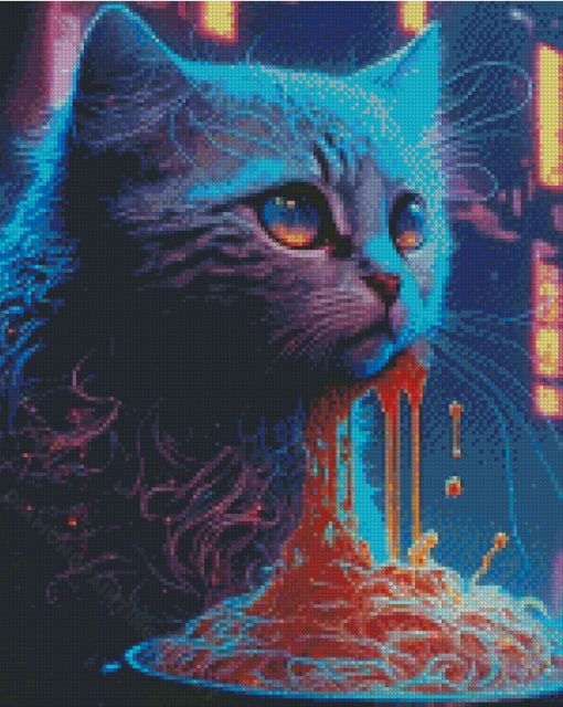 Cat Eating Spaghetti Diamond Painting