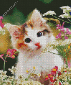 Kitten And Flowers Diamond Painting