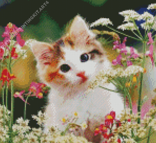 Kitten And Flowers Diamond Painting