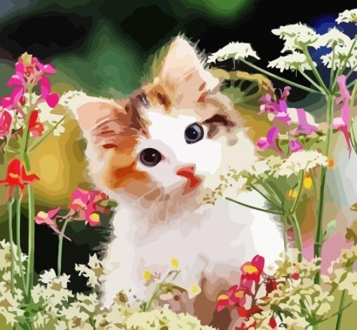 Kitten And Flowers Diamond Painting