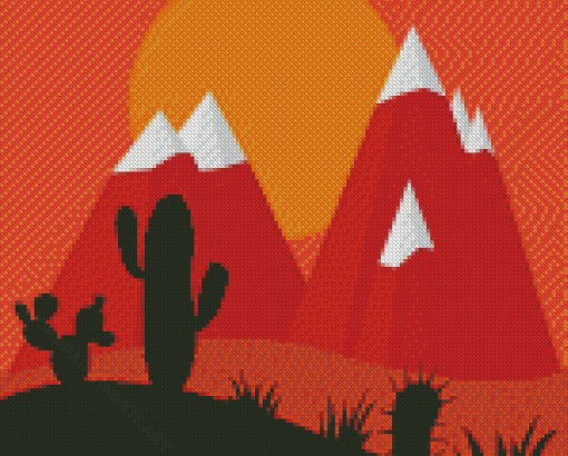 Cactus Near Mountain Illustration Diamond Painting