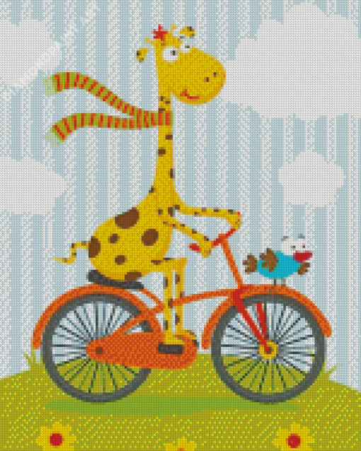 Cartoon Giraffe On Bicycle Diamond Painting