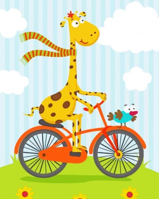 Cartoon Giraffe On Bicycle Diamond Painting