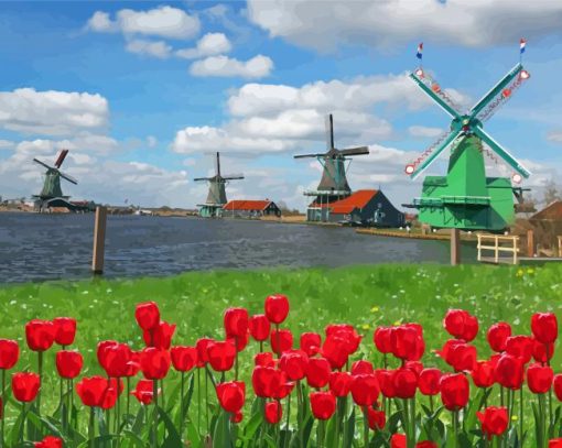 Red Tulips Zaanse Schans Diamond Painting