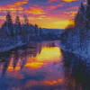 River Trees Winter Sunset Diamond Painting