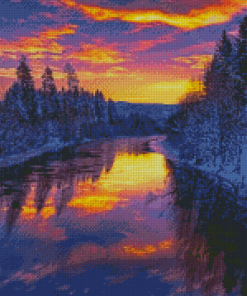 River Trees Winter Sunset Diamond Painting