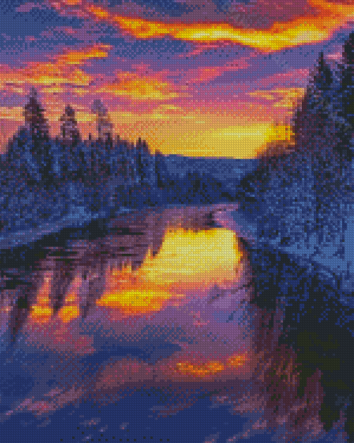 River Trees Winter Sunset Diamond Painting