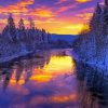 River Trees Winter Sunset Diamond Painting