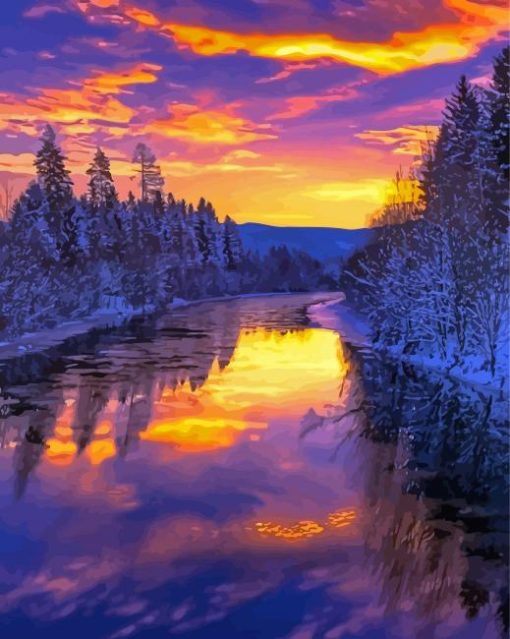 River Trees Winter Sunset Diamond Painting